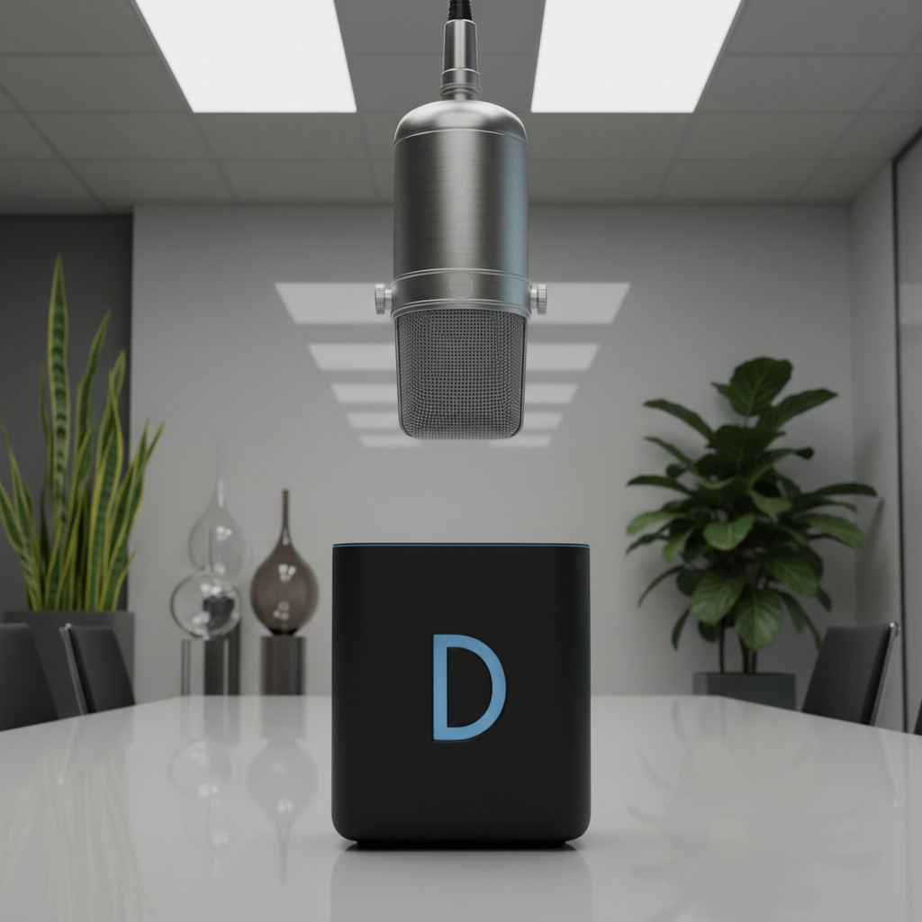 An office or conference room with a microphone and speaker on a table, likely an executive or meeting space.